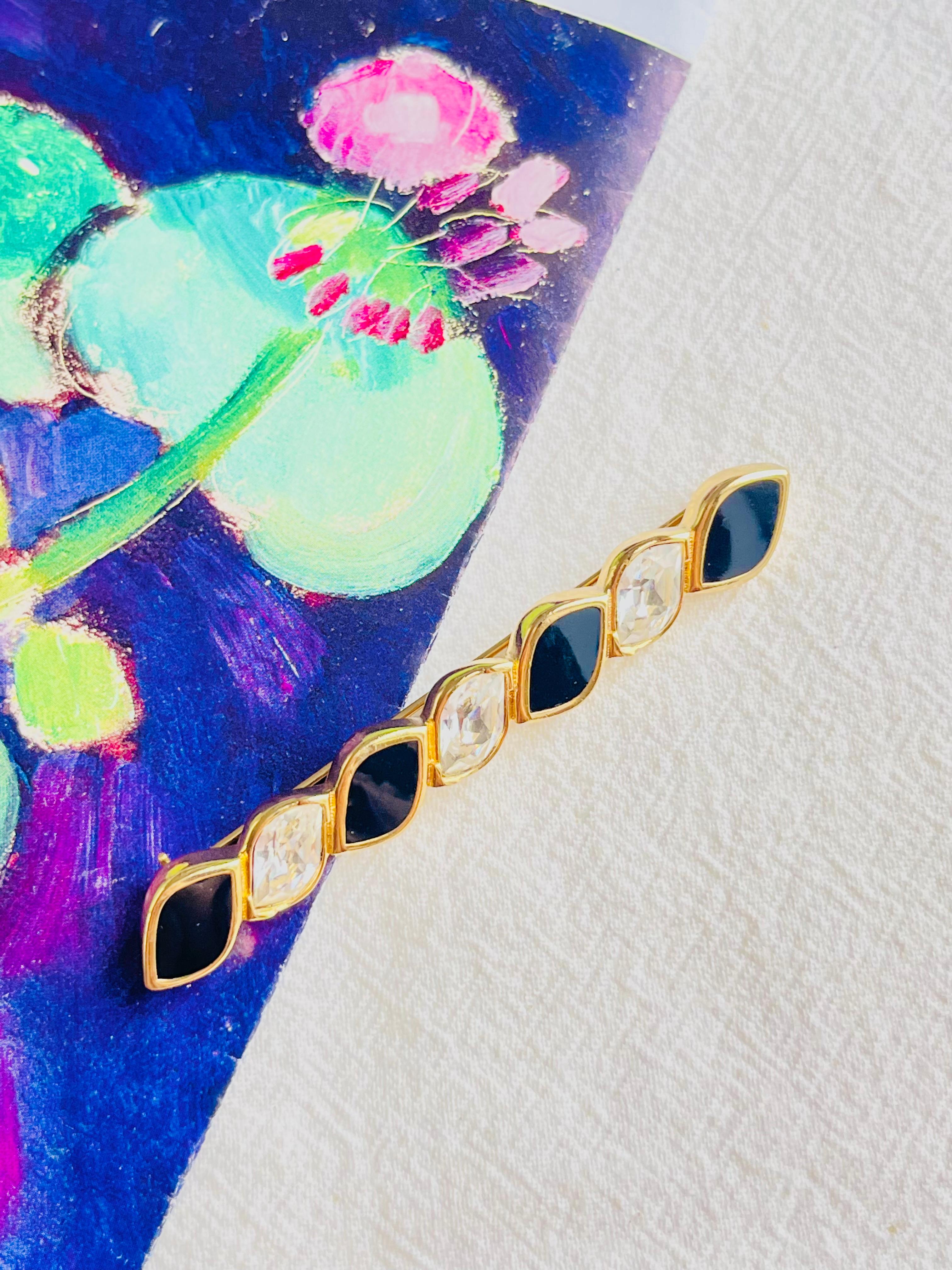 Baroque Christian Dior Vintage 1980s Black Enamel Crystals Long Bar Spiral Twist Brooch