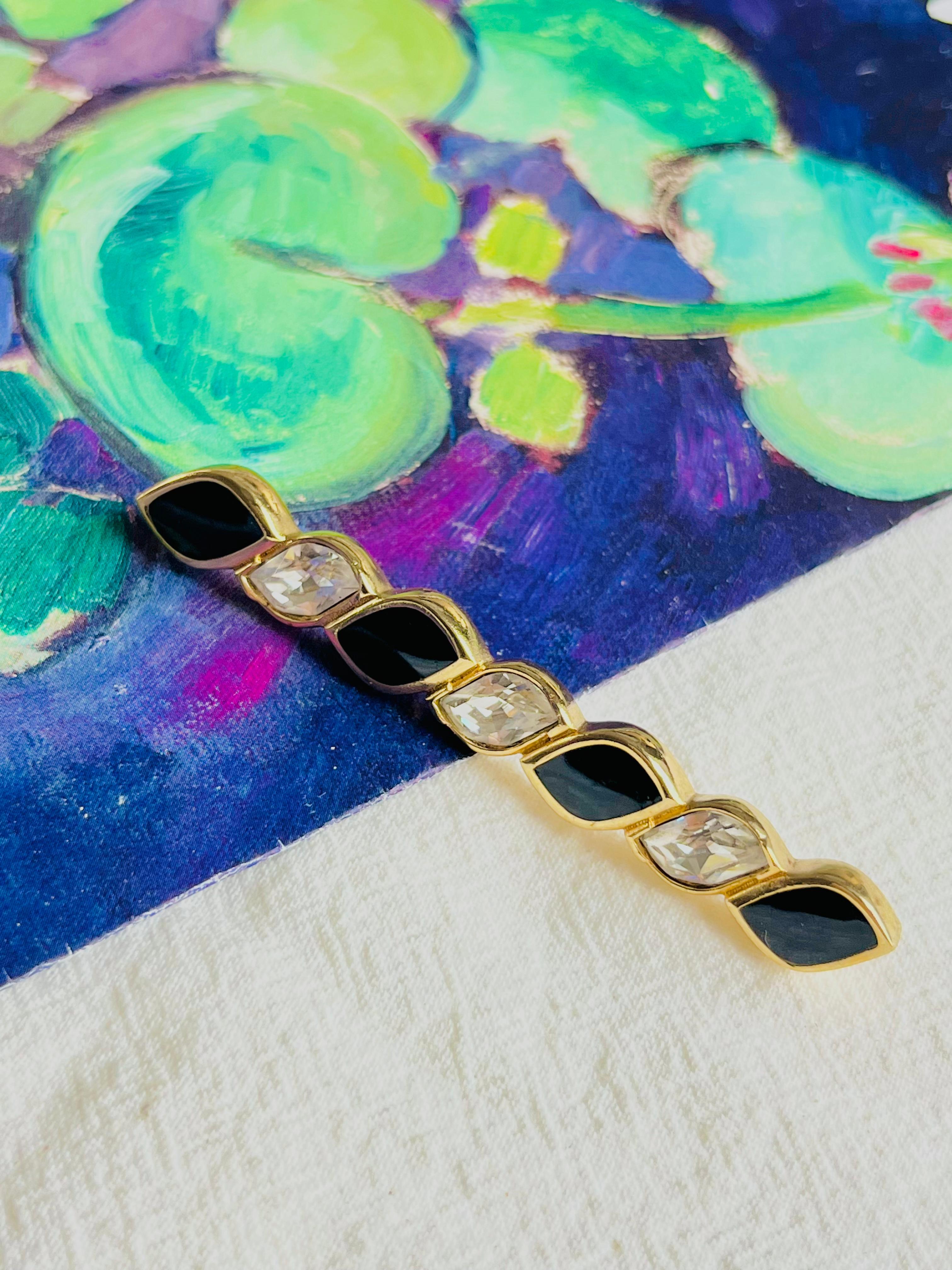 Christian Dior Vintage 1980s Black Enamel Crystals Long Bar Spiral Twist Brooch In Good Condition In Wokingham, England