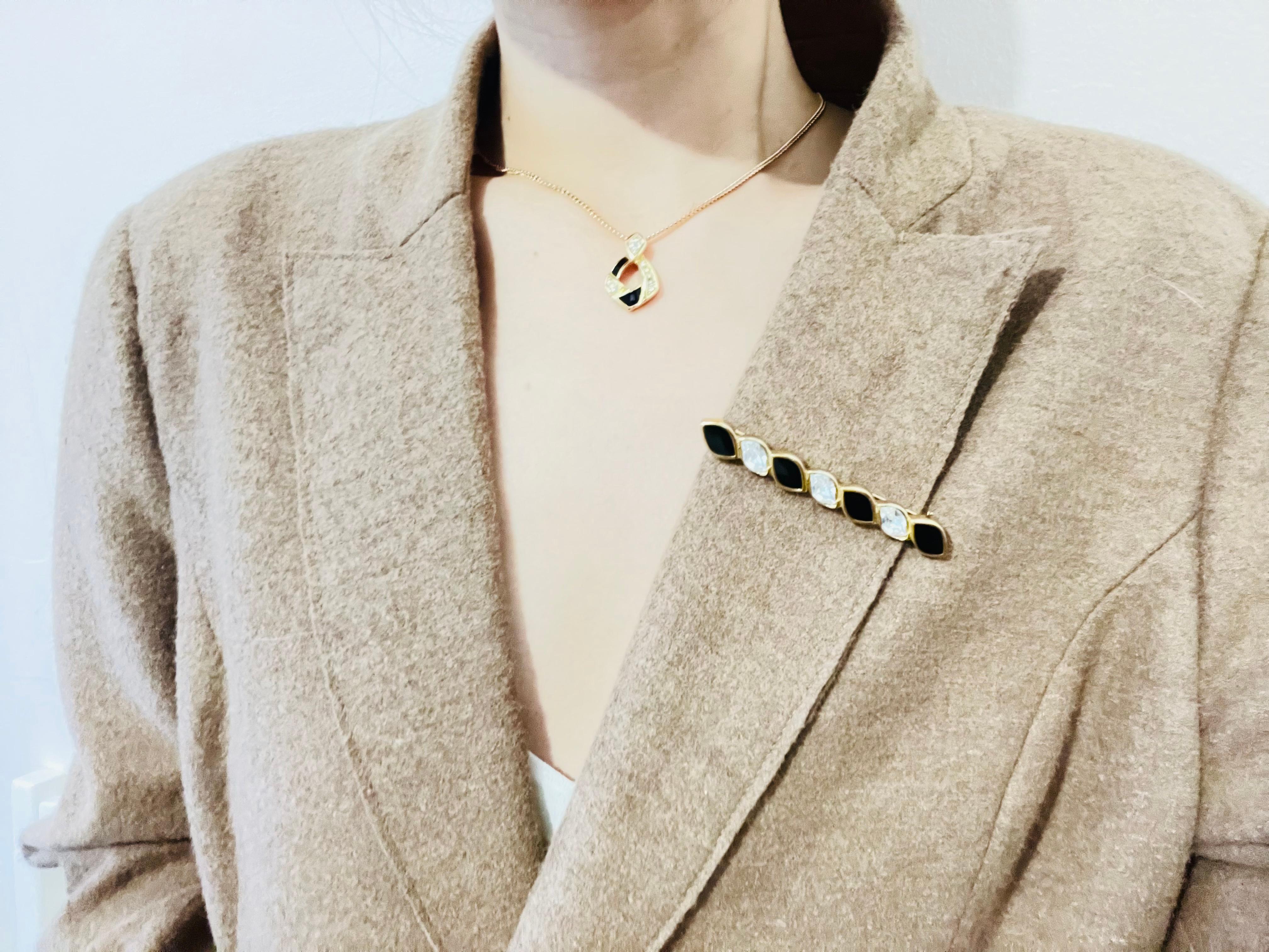 Women's or Men's Christian Dior Vintage 1980s Black Enamel Crystals Long Bar Spiral Twist Brooch
