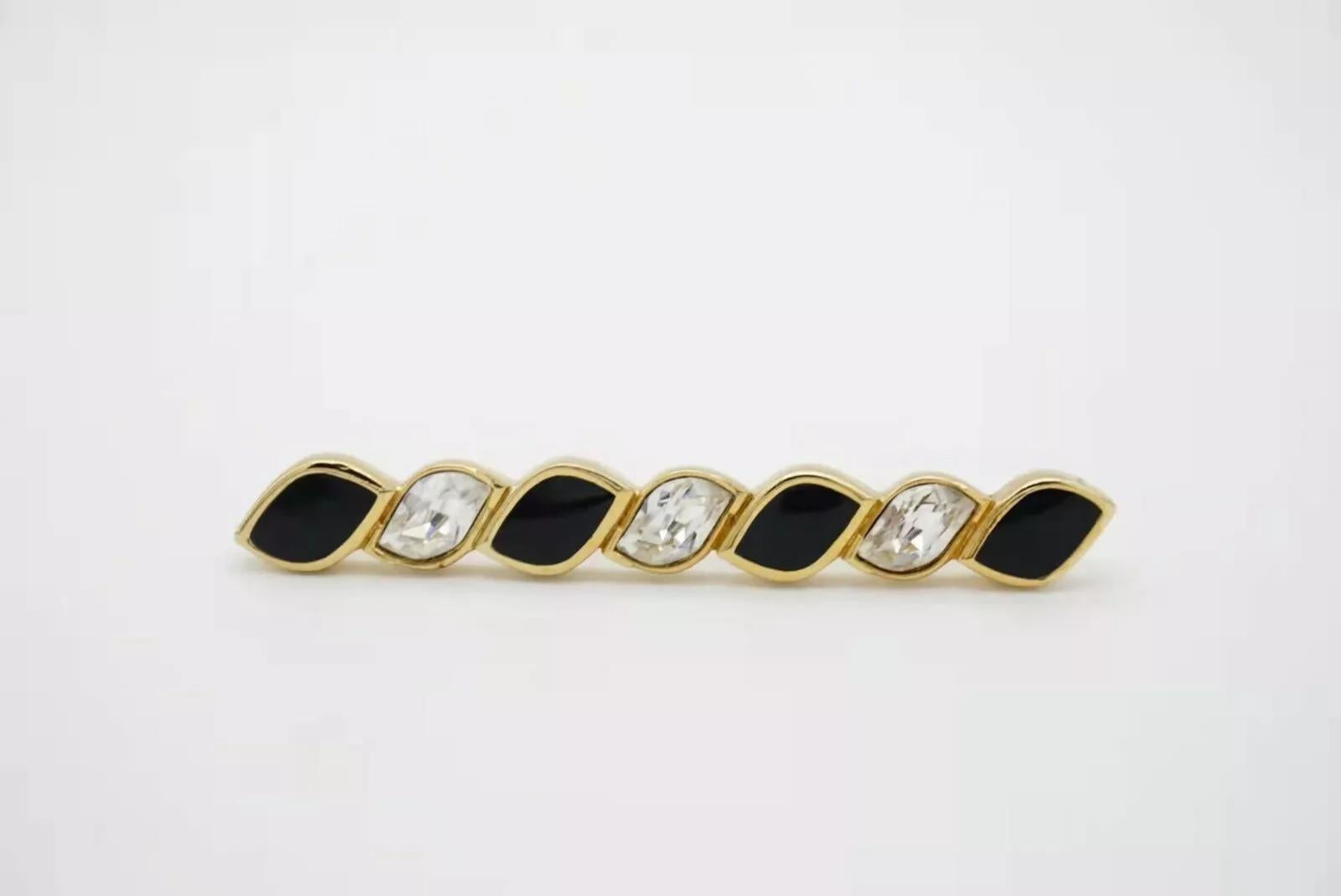 Christian Dior Vintage 1980s Black Enamel Crystals Long Bar Spiral Twist Brooch 4
