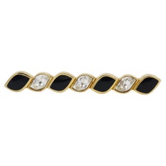 Christian Dior Vintage 1980s Black Enamel Crystals Long Bar Spiral Twist Brooch