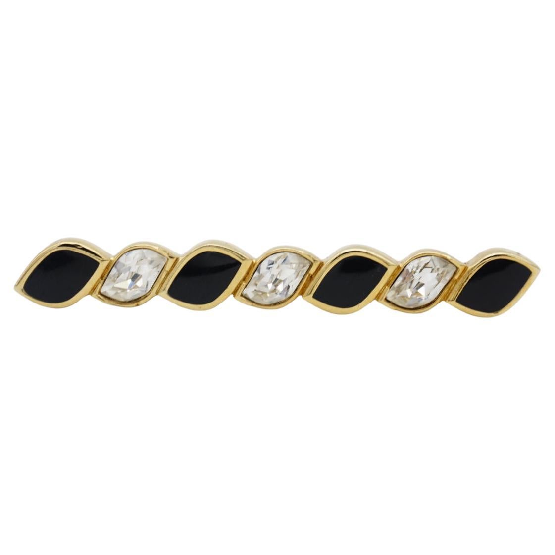 Christian Dior Vintage 1980er Jahre Schwarz Emaille Kristalle Lange Bar Spiral Twist Brosche