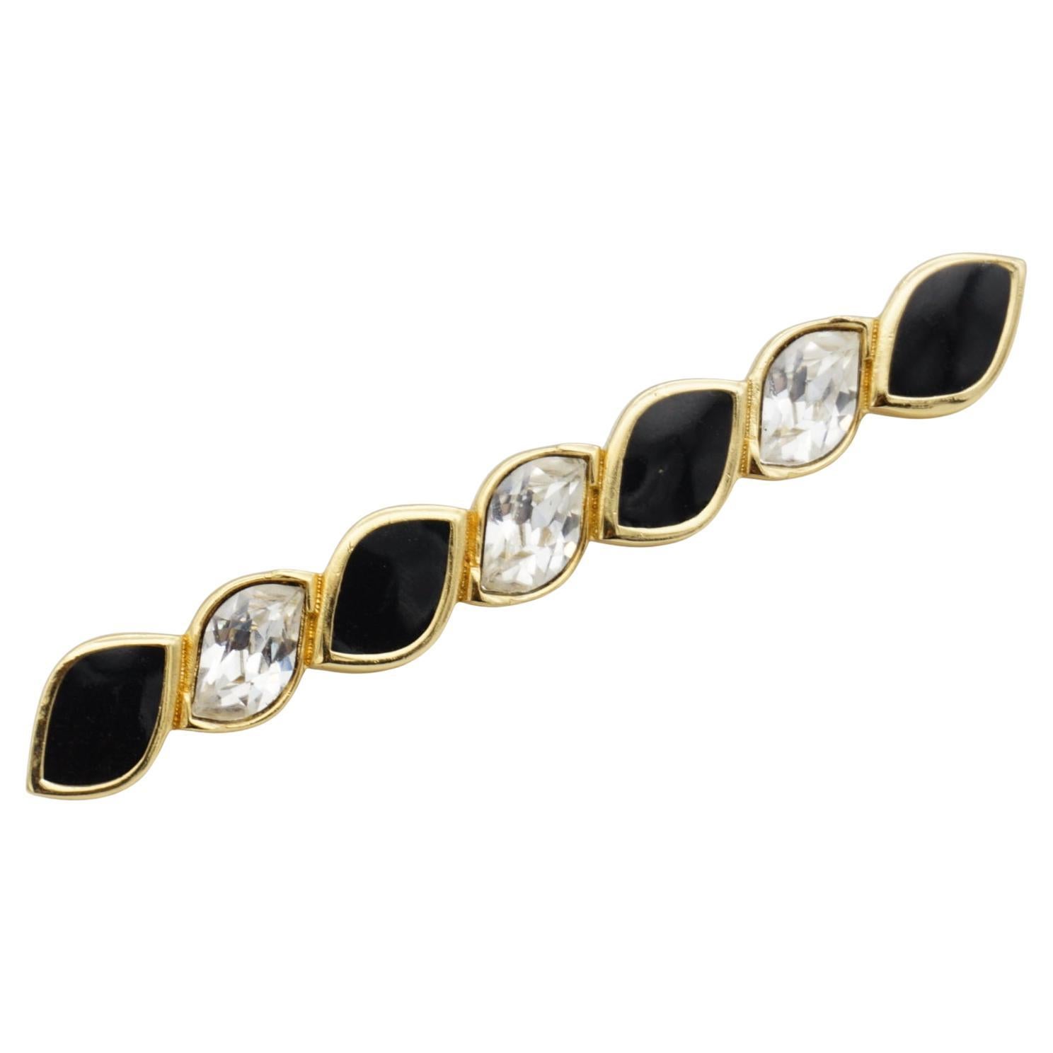 Christian Dior Vintage 1980er Jahre Schwarz Emaille Kristalle Lange Bar Spiral Twist Brosche im Angebot