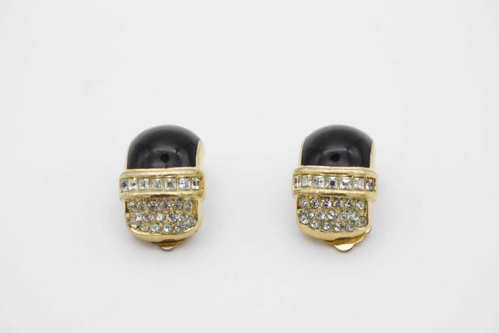 Christian Dior Vintage 1980s Black Enamel Crystals Oval Hoop Gold Clip Earrings For Sale 1