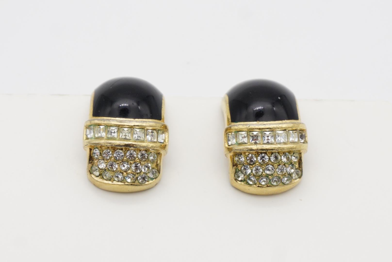 Christian Dior Vintage 1980er Jahre Schwarz Emaille Kristalle Oval Creolen Gold Clip-Ohrringe im Angebot 2