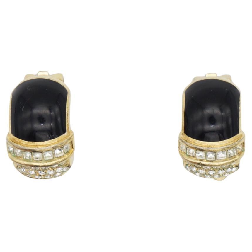 Christian Dior Vintage 1980s Black Enamel Crystals Oval Hoop Gold Clip Earrings For Sale