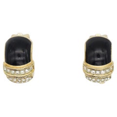 Christian Dior Vintage 1980s Black Enamel Crystals Oval Hoop Gold Clip Earrings