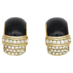 Christian Dior Vintage 1980s Black Enamel Crystals Oval Hoop Gold Clip Earrings