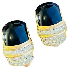 Christian Dior Vintage 1980s Black Enamel Crystals Oval Hoop Gold Clip Earrings