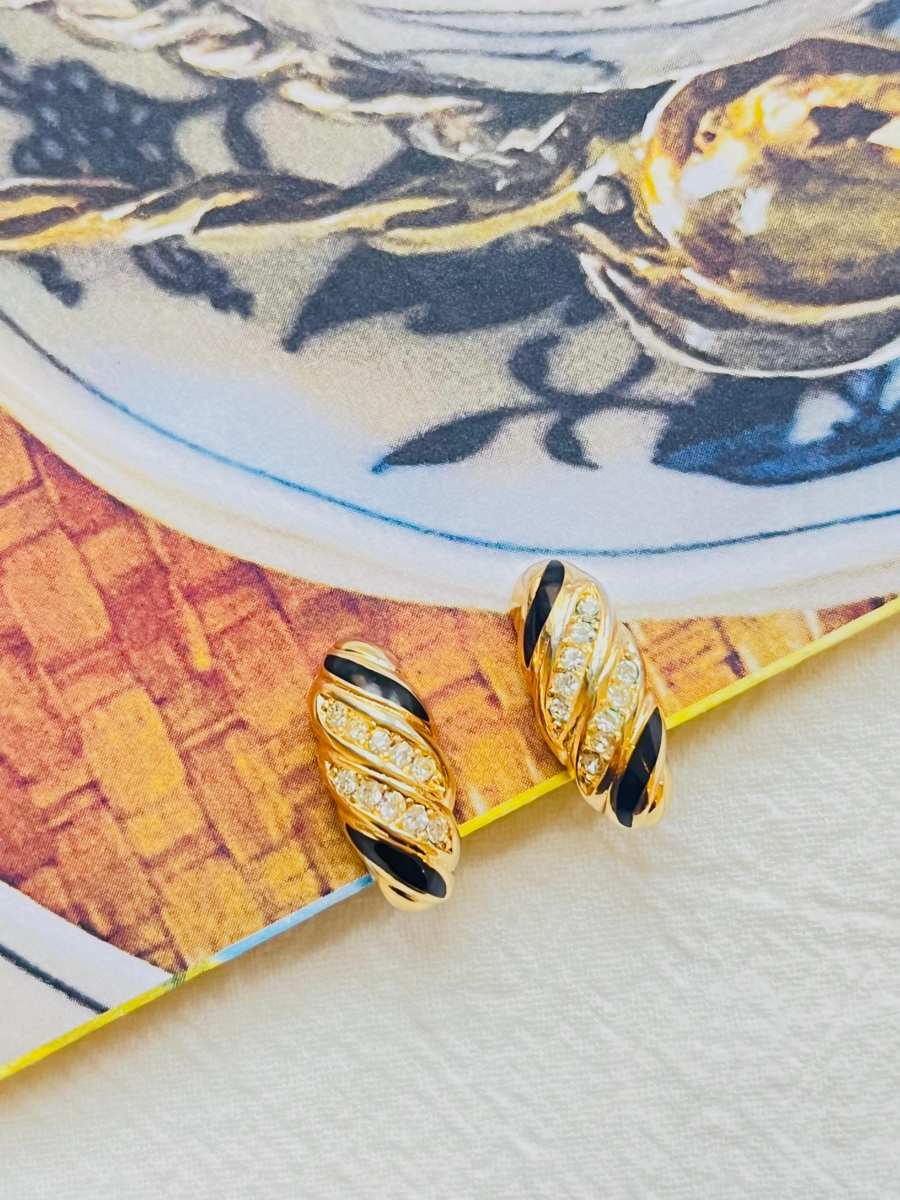 Art Deco Christian Dior Vintage 1980s Black Enamel Crystals Shell Spiral Clip Earrings For Sale
