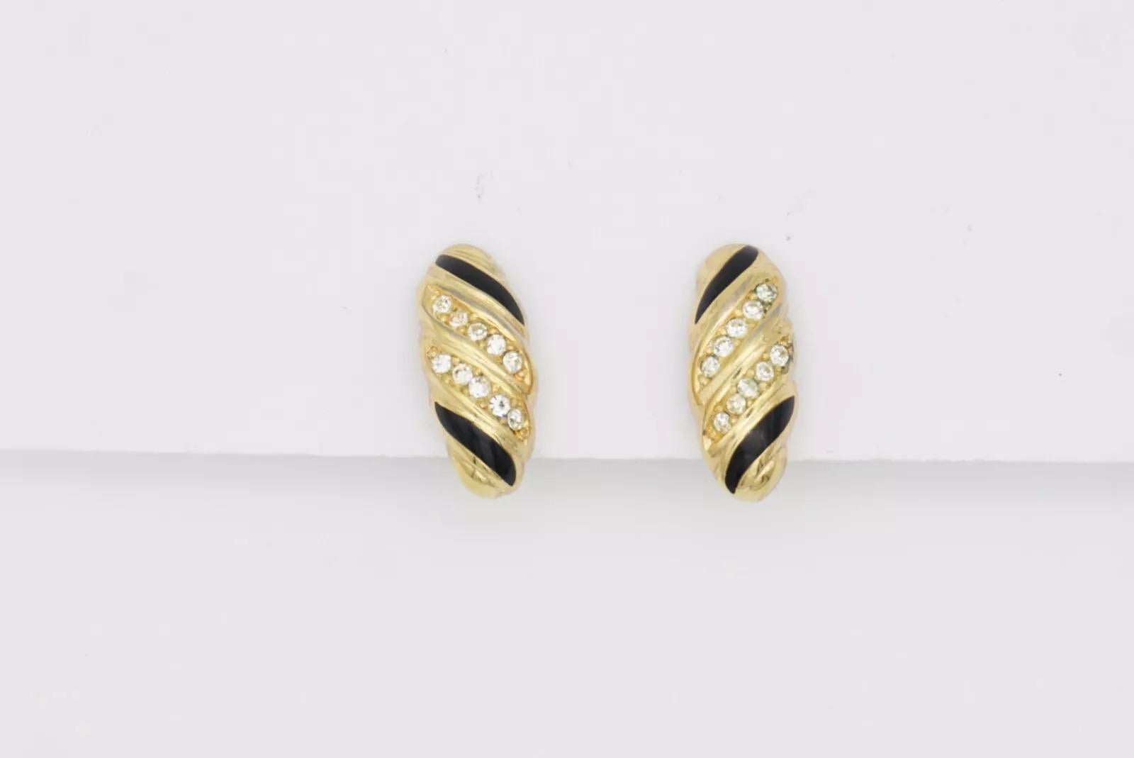 Christian Dior Vintage 1980s Black Enamel Crystals Shell Spiral Clip Earrings For Sale 2