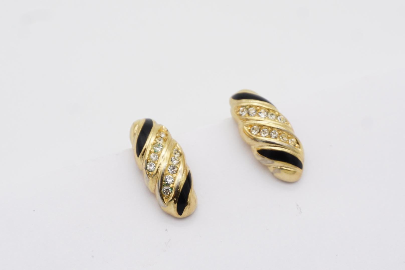 Christian Dior Vintage 1980s Black Enamel Crystals Shell Spiral Clip Earrings For Sale 3