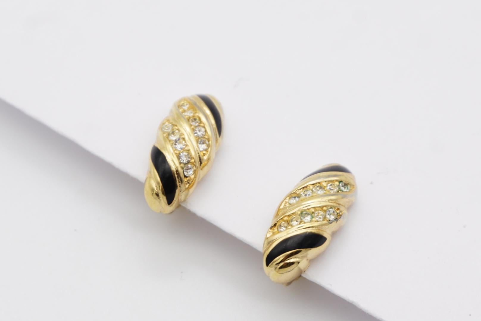 Christian Dior Vintage 1980s Black Enamel Crystals Shell Spiral Clip Earrings For Sale 4
