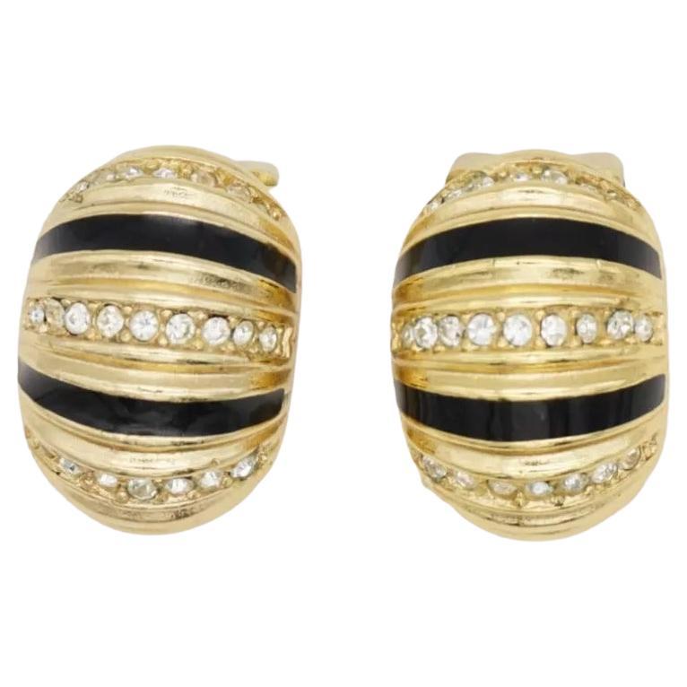 Christian Dior Vintage Años 80 Cristales de esmalte negro Pendientes de clip de cúpula sinuosa