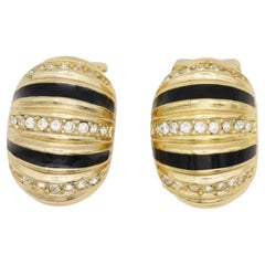 Christian Dior Vintage 1980s Black Enamel Crystals Winding Dome Clip Earrings