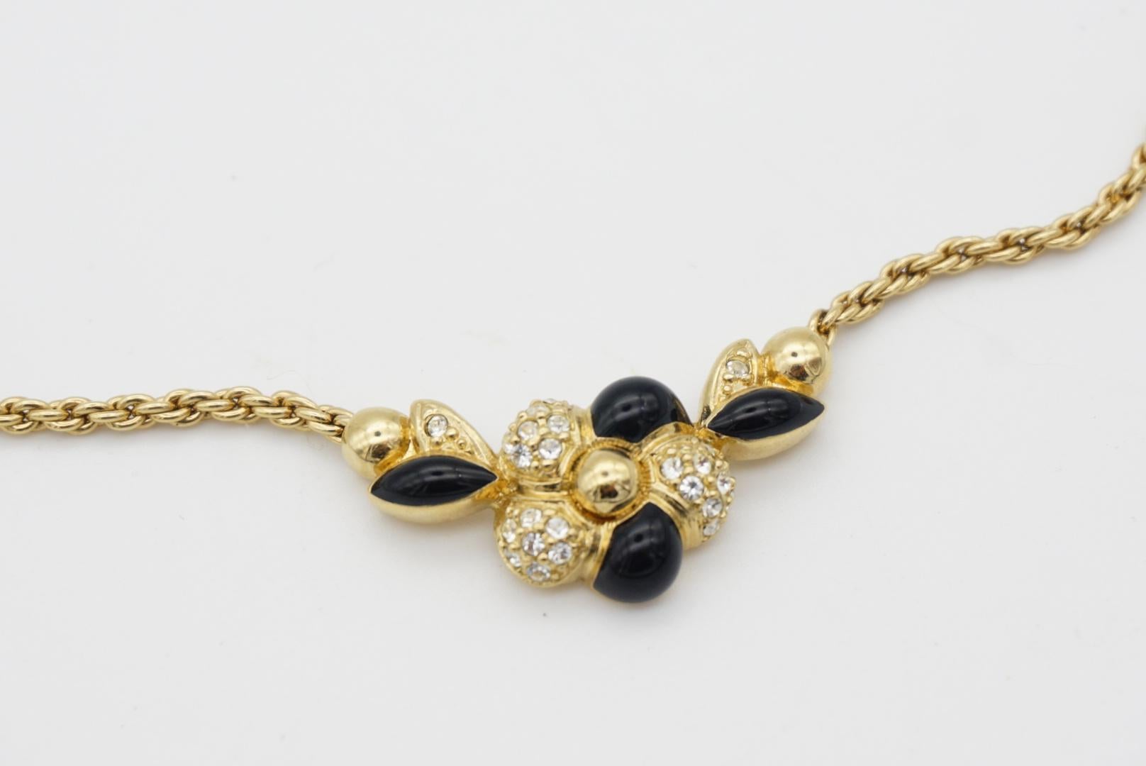 Art Nouveau Christian Dior Vintage 1980s Black Enamel Flower Crystals Gold Pendant Necklace  For Sale