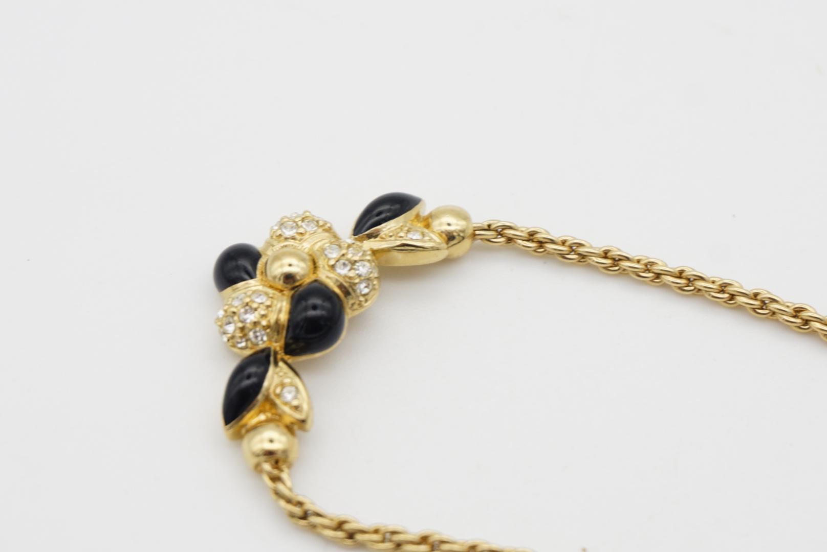 Christian Dior Vintage 1980s Black Enamel Flower Crystals Gold Pendant Necklace  In Excellent Condition For Sale In Wokingham, England