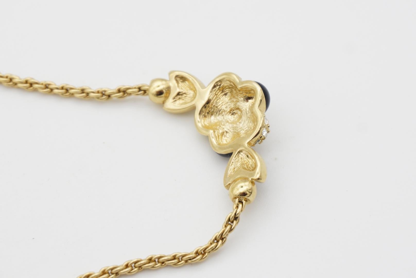 Women's or Men's Christian Dior Vintage 1980s Black Enamel Flower Crystals Gold Pendant Necklace  For Sale
