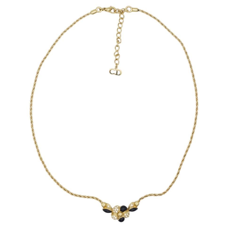 Christian Dior Vintage 1980s Black Enamel Flower Crystals Gold Pendant Necklace  For Sale