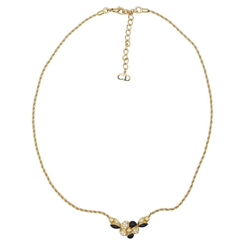 Christian Dior Vintage 1980s Black Enamel Flower Crystals Gold Pendant Necklace In Excellent Condition In Wokingham, England