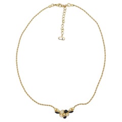Christian Dior Vintage 1980s Black Enamel Flower Crystals Gold Pendant Necklace 
