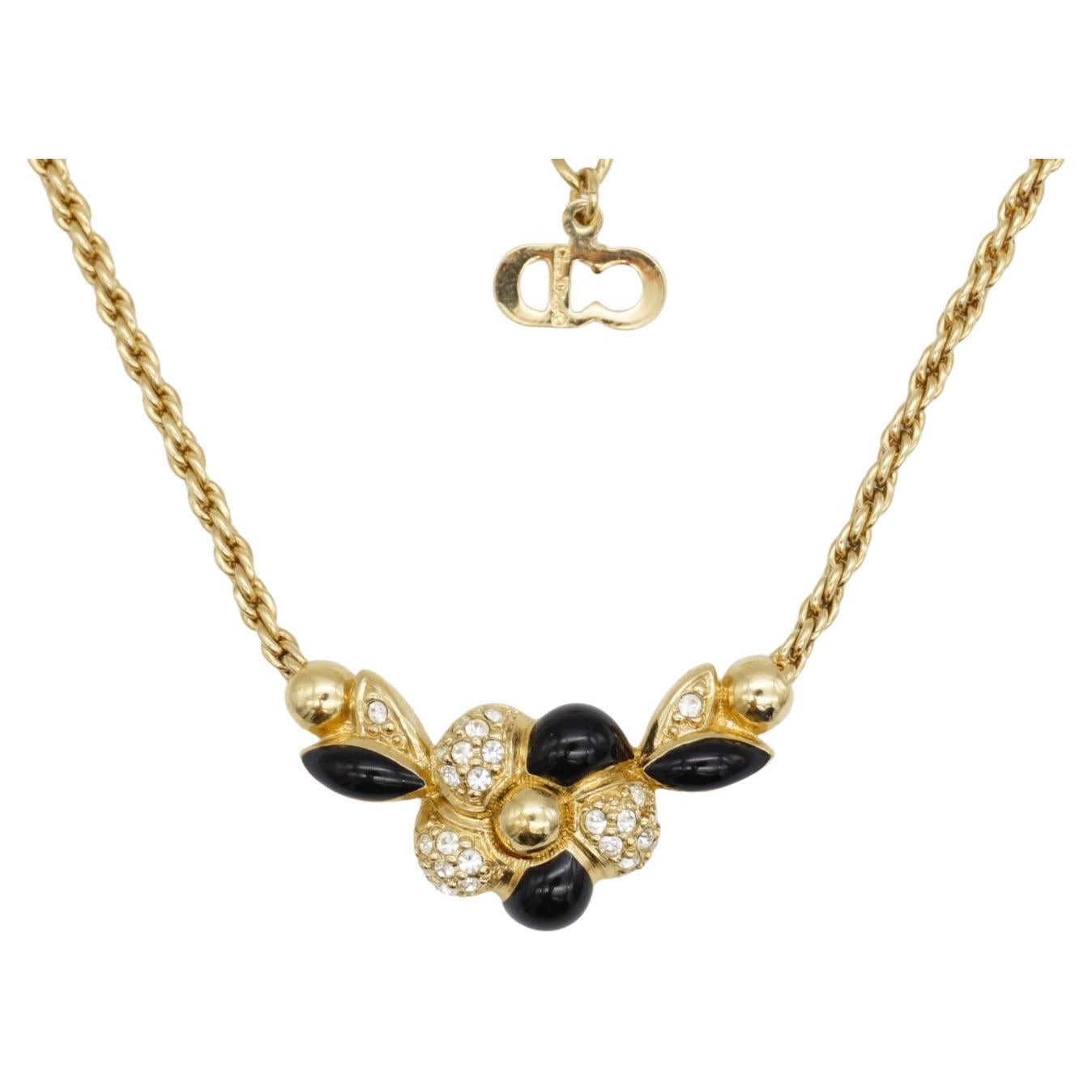 Christian Dior Vintage Años 80 Collar Colgante Flor Hoja Cristales Esmalte Negro en venta