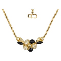 Christian Dior Vintage 1980s Black Enamel Flower Leaf Crystals Pendant Necklace
