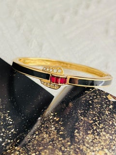 Christian Dior Vintage 1980s Black Enamel Ruby Crystals Cuff Bangle Bracelet
