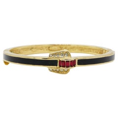 Christian Dior Vintage 1980s Black Enamel Ruby Crystals Cuff Bangle Bracelet