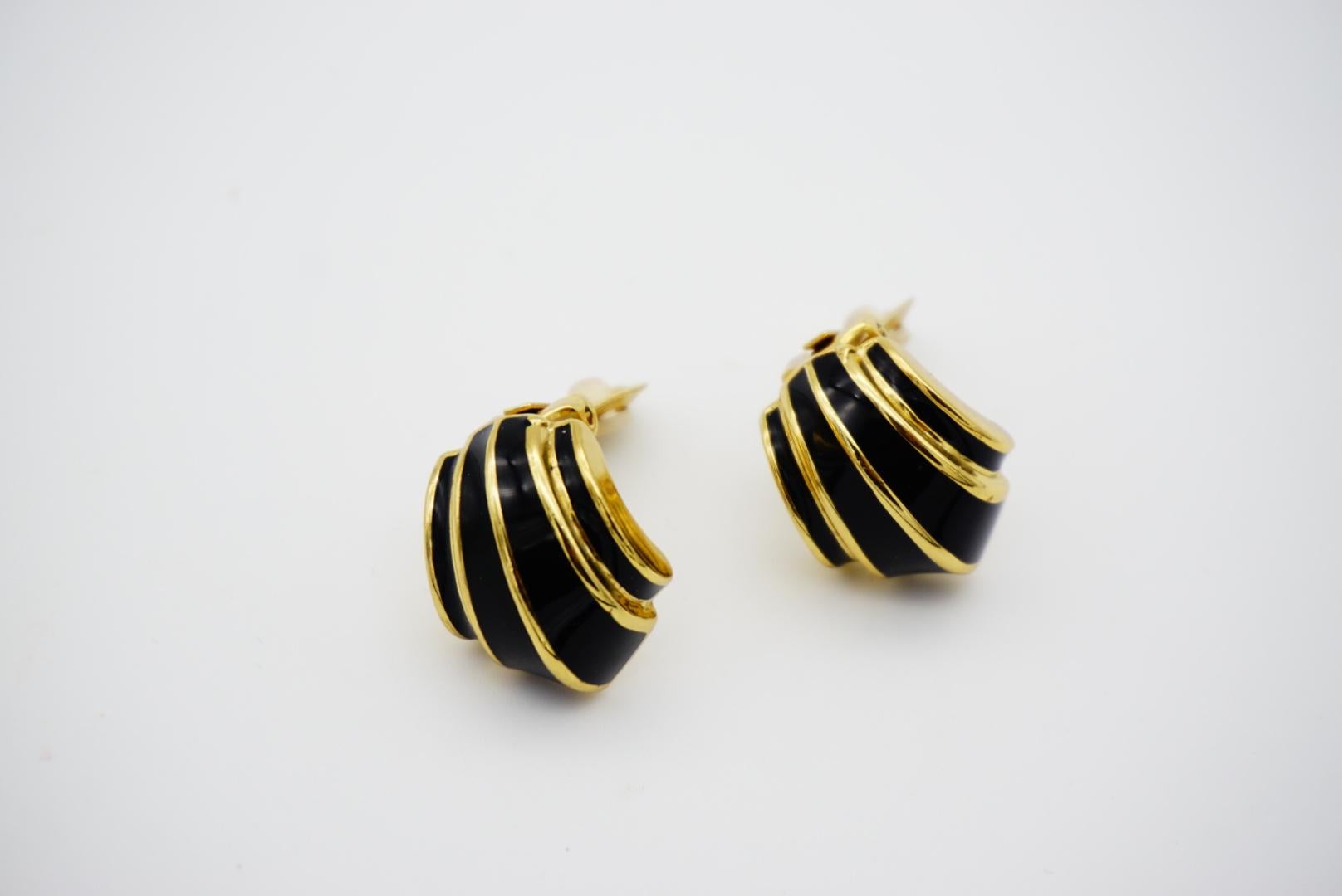 Christian Dior Vintage 1980s Black Enamel Shell Fan Retro Gold Clip On Earrings 3