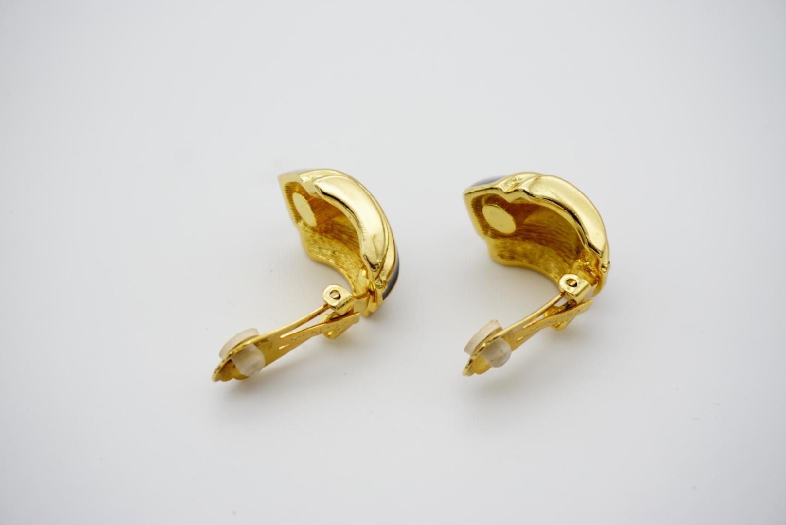 Christian Dior Vintage 1980s Black Enamel Shell Fan Retro Gold Clip On Earrings 5