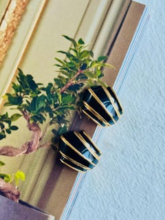 Christian Dior Vintage 1980s Black Enamel Shell Fan Retro Gold Clip On Earrings