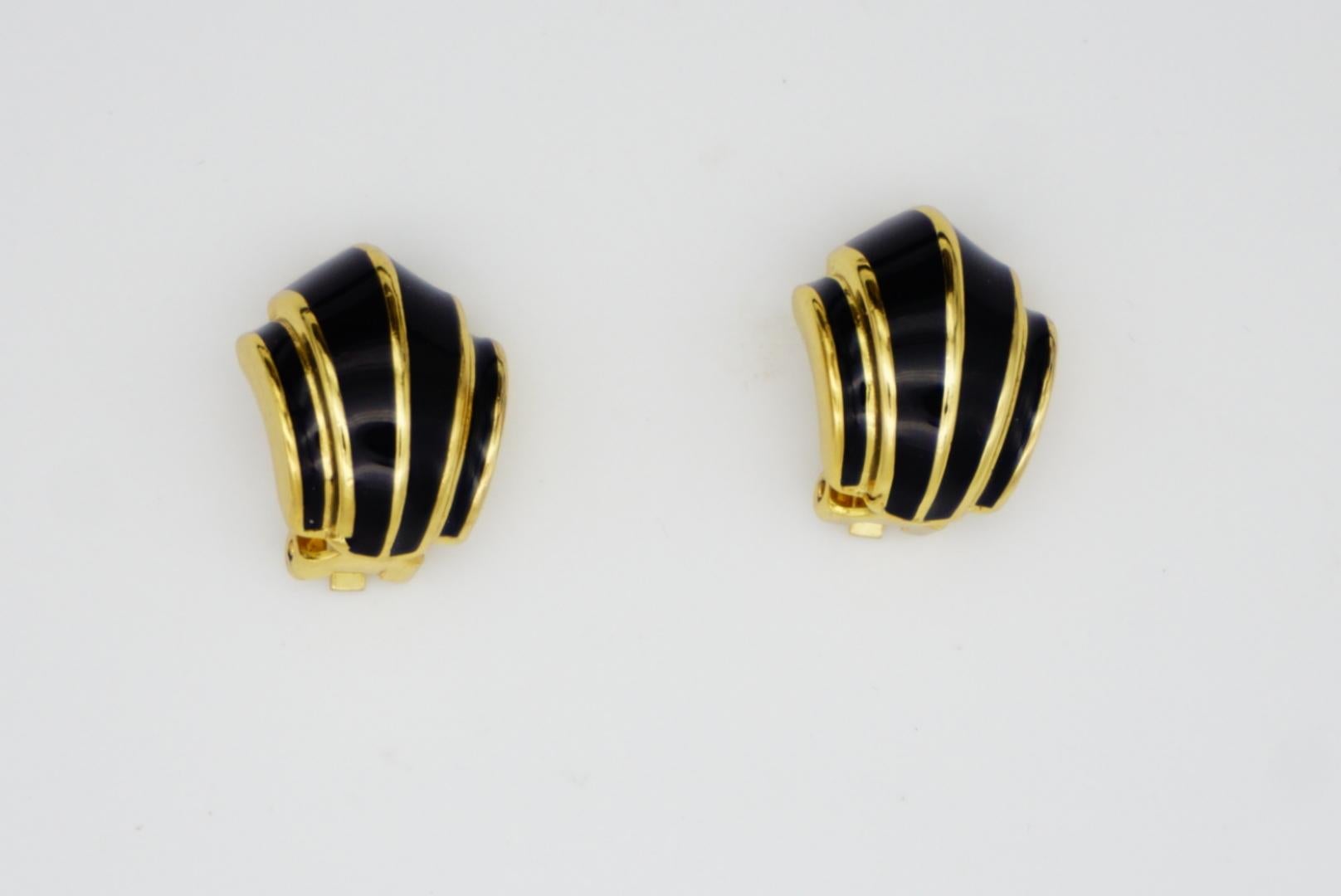 Women's or Men's Christian Dior Vintage 1980s Black Enamel Shell Fan Retro Gold Clip On Earrings
