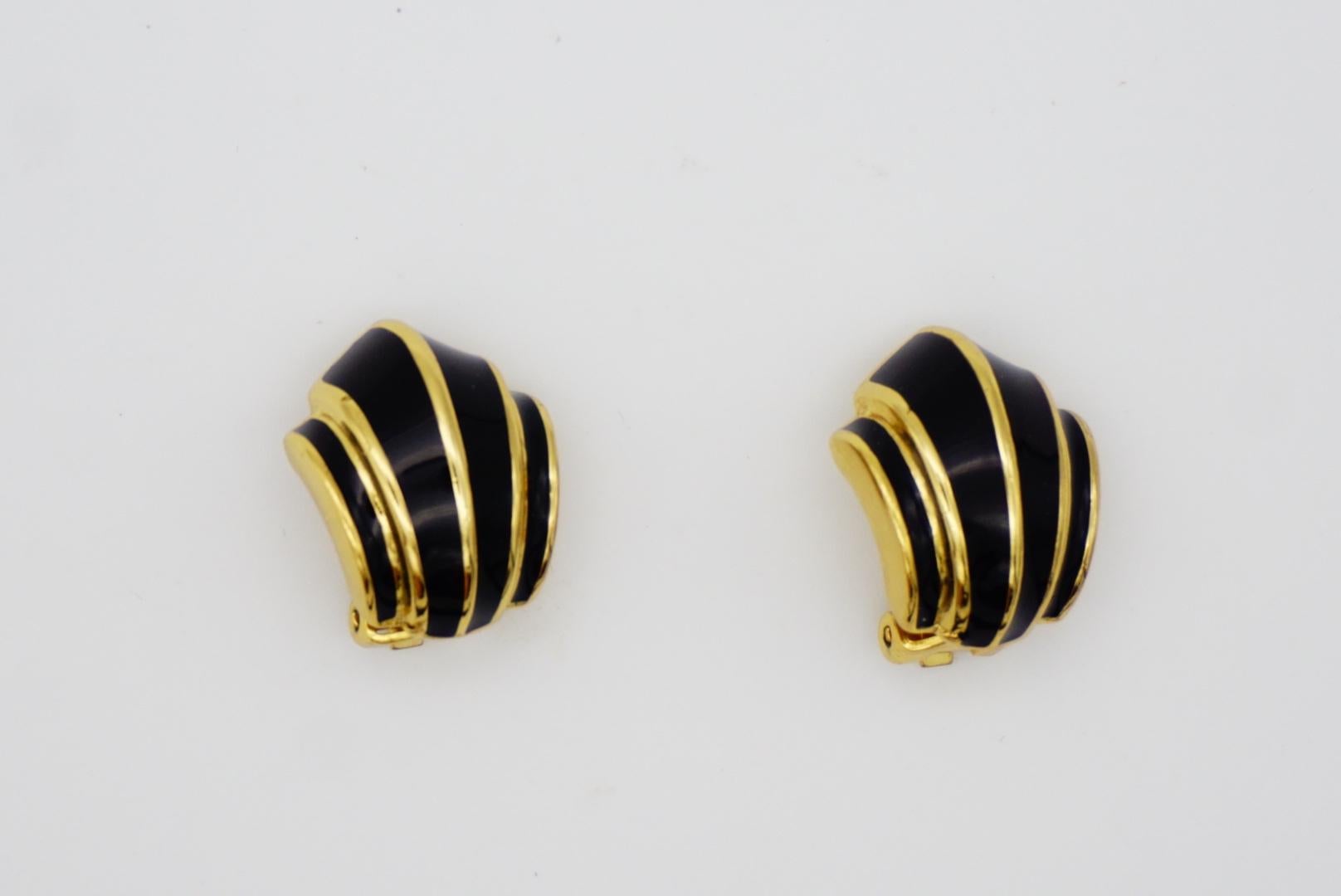 Christian Dior Vintage 1980s Black Enamel Shell Fan Retro Gold Clip On Earrings 1