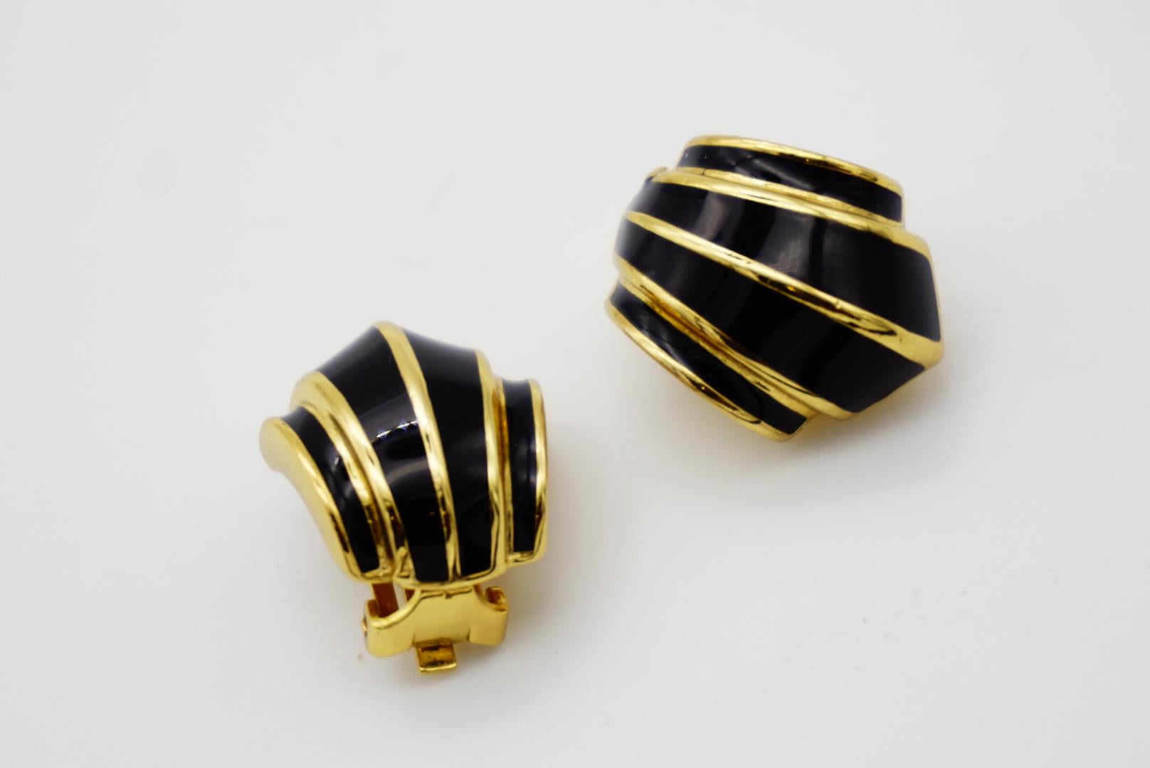 Christian Dior Vintage 1980s Black Enamel Shell Fan Retro Gold Clip On Earrings 2
