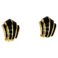 Christian Dior Vintage 1980s Black Enamel Shell Fan Retro Gold Clip On Earrings