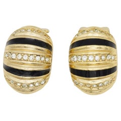 Christian Dior Vintage 1980s Black Gold Crystals Winding Domed Clip Earrings