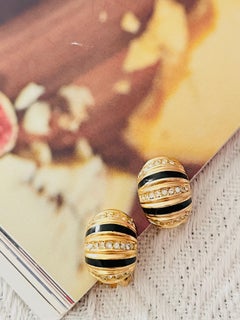 Christian Dior Vintage 1980s Black Gold Crystals Winding Domed Clip Earrings