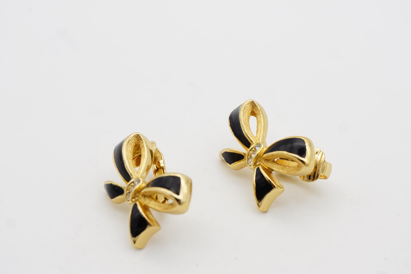 Christian Dior Vintage 1980s Black Knot Bow Butterfly Crystals Clip On Earrings For Sale 2