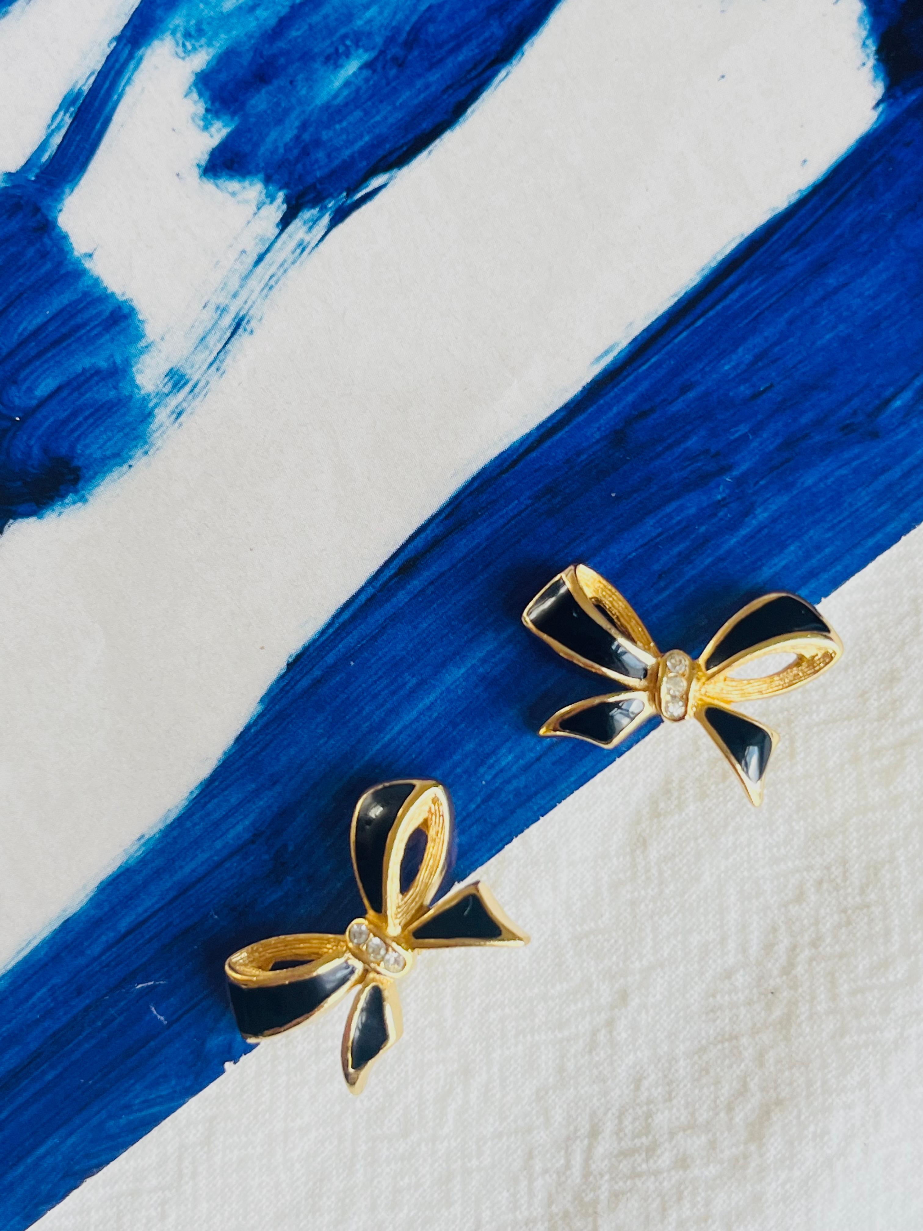 Christian Dior Vintage 1980s Black Knot Bow Butterfly Crystals Clip On Earrings In Excellent Condition In Wokingham, England