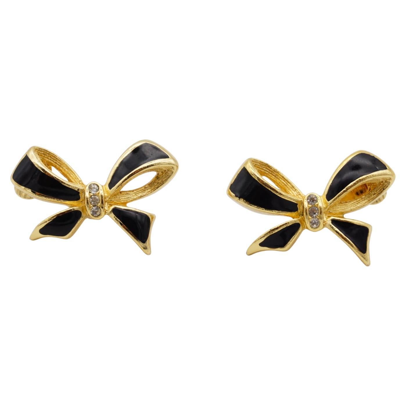 Christian Dior Vintage 1980s Black Knot Bow Butterfly Crystals Clip On Earrings
