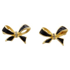 Christian Dior Retro 1980s Black Knot Bow Butterfly Crystals Clip On Earrings