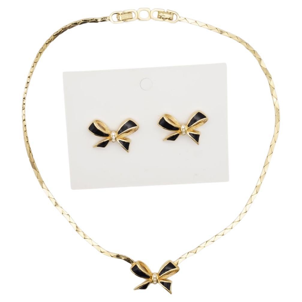 Christian Dior - Ensemble cadeau en cristals noirs avec nœud papillon, collier et boucles d'oreilles, années 1980 en vente