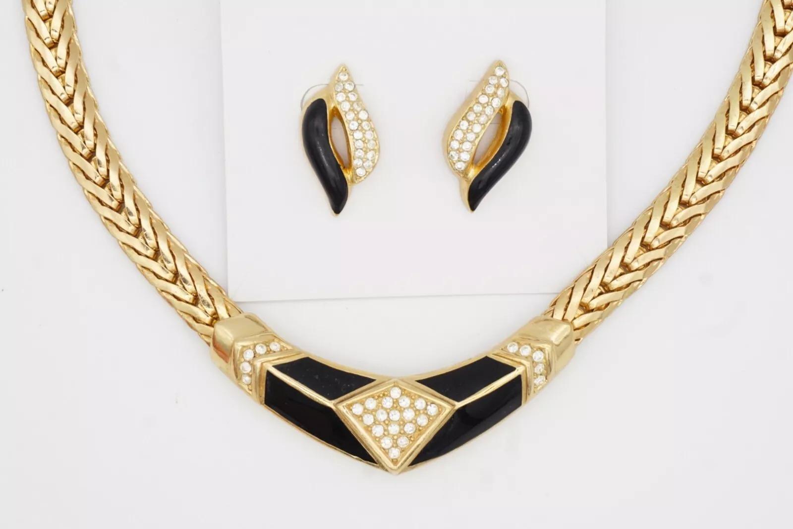 Christian Dior Vintage Años 80 Negro Luna Cristales Diamante Set Collar Pendientes en venta 14