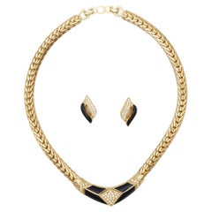Christian Dior Vintage Años 80 Negro Luna Cristales Diamante Set Collar Pendientes