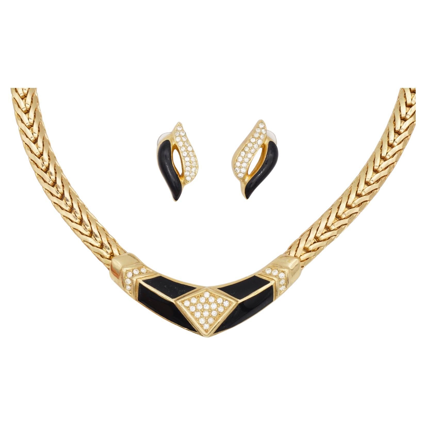 Christian Dior Vintage 1980s Black Moon Diamond Crystals Set Necklace Earrings For Sale