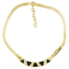 Christian Dior Vintage 1980s Black Triangle Crystals Bar Double Layers Necklace