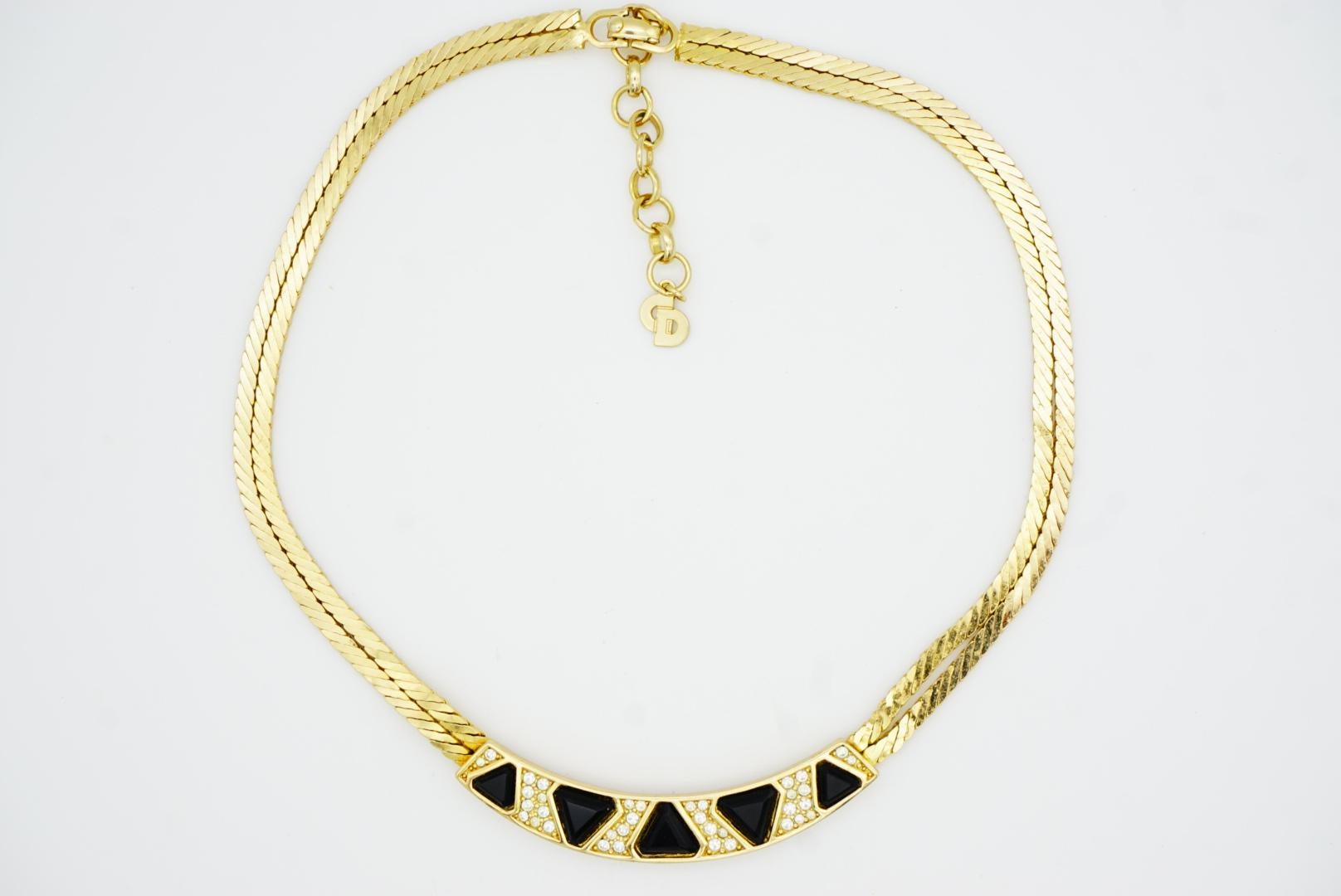 Christian Dior Vintage anni '80 Collana a doppio strato con triangolo nero e cristalli in vendita 3