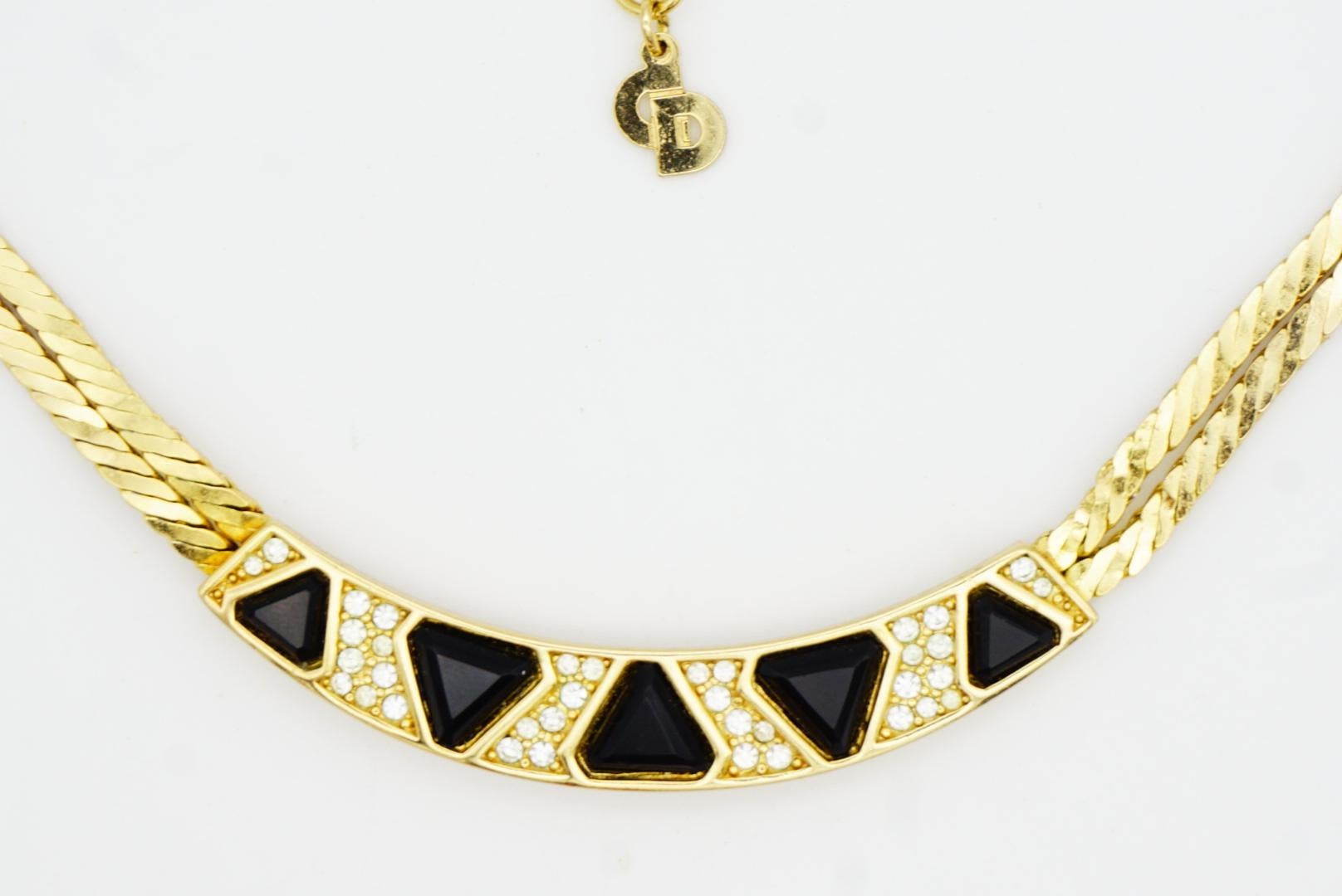 Christian Dior Vintage anni '80 Collana a doppio strato con triangolo nero e cristalli in vendita 4