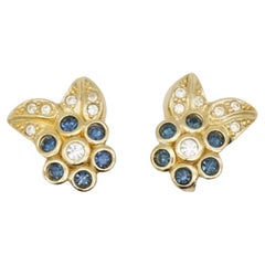 Christian Dior Vintage 1980s Blue Gold Sapphire Flower Leaf Crystals Earrings